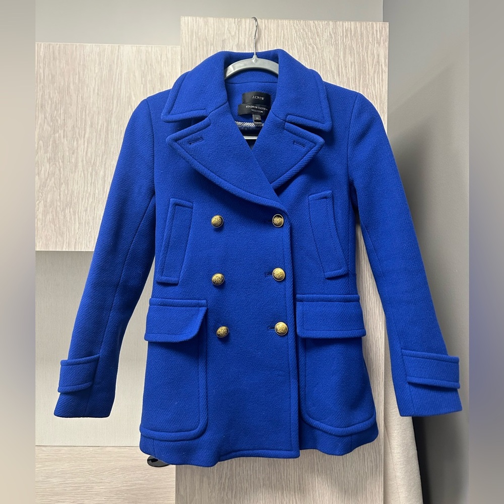 J Crew Blue Pea Coat Double-Breasted Wool | Majesty Stadium Cloth | Gold Buttons